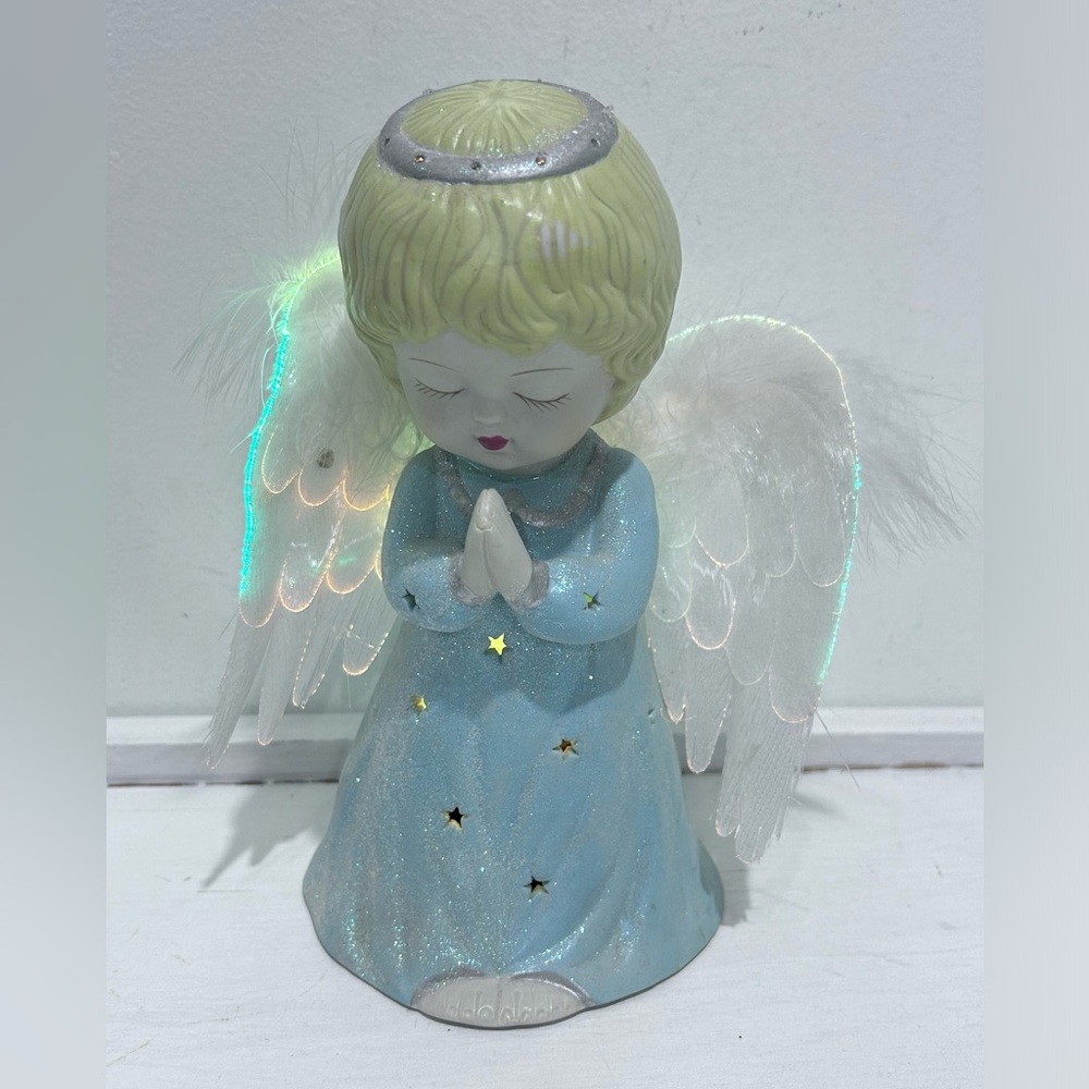 Light Up Blue and‎ White Porcelain Praying Angel Figurine 8”